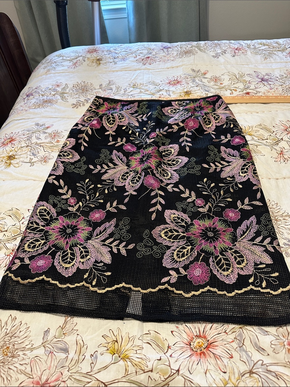 Black Floral Embroidered Pencil Skirt in Pink & Green